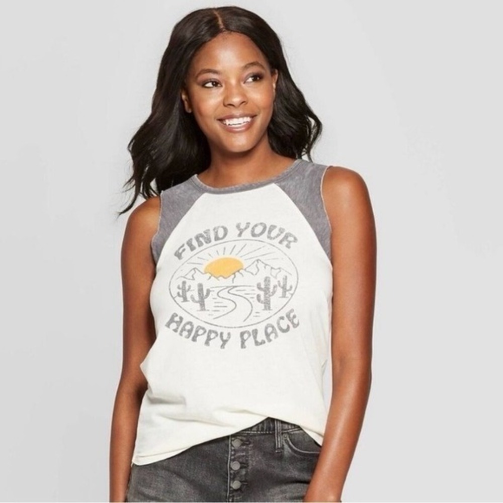 Grayson Threads Womens Find Your Happy‎ Place Tank Top White Gray Gorpcore